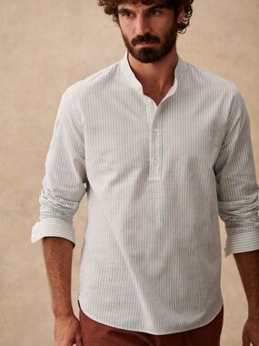 Sezane Octobre Editions Buster striped cotton linen mandarin collar shirt XL
